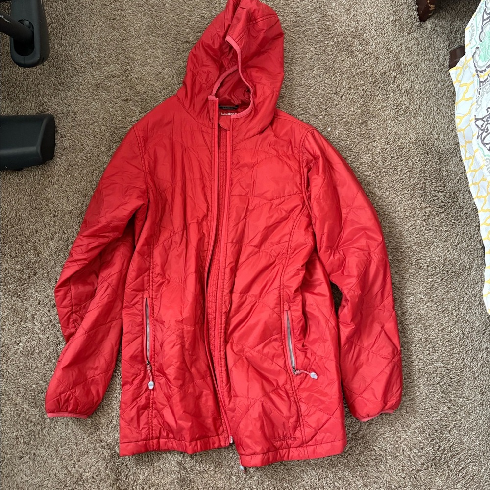 LL Bean Jacket Womens Packway Red Puffer Hoodie Travel size large